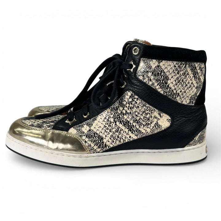 美品▲JIMMY CHOO ジミーチュウ ロゴプレート付き パイソン型押し レザー ハイカットスニーカー ゴールド ブラック 36 伊製 レディース