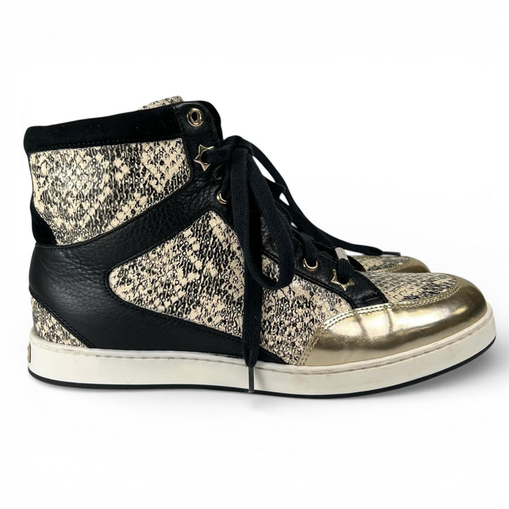 美品▲JIMMY CHOO ジミーチュウ ロゴプレート付き パイソン型押し レザー ハイカットスニーカー ゴールド ブラック 36 伊製 レディース