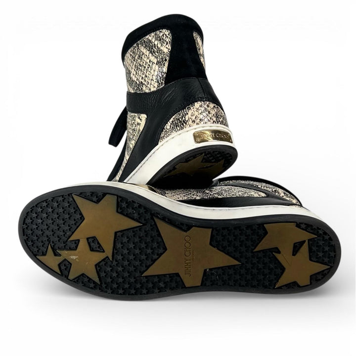 美品▲JIMMY CHOO ジミーチュウ ロゴプレート付き パイソン型押し レザー ハイカットスニーカー ゴールド ブラック 36 伊製 レディース