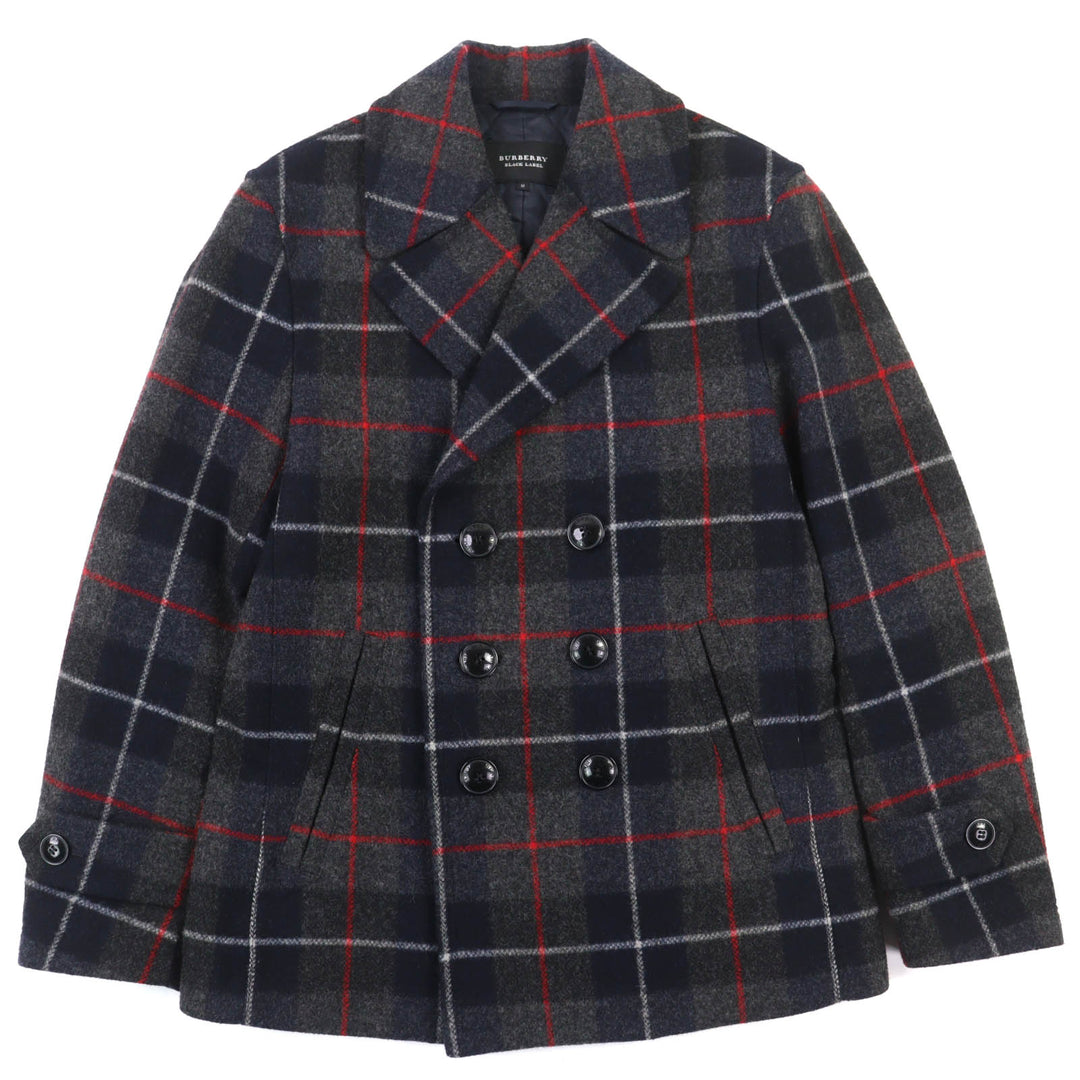 極美品△BURBERRY BLACK LABEL バーバリーブラックレーベル ウール チェック柄 ロゴボタン 中綿入り ショートコート ピーコート M 正規品