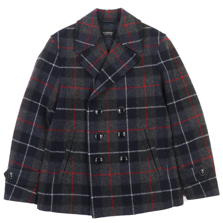 極美品△BURBERRY BLACK LABEL バーバリーブラックレーベル ウール チェック柄 ロゴボタン 中綿入り ショートコート ピーコート M 正規品