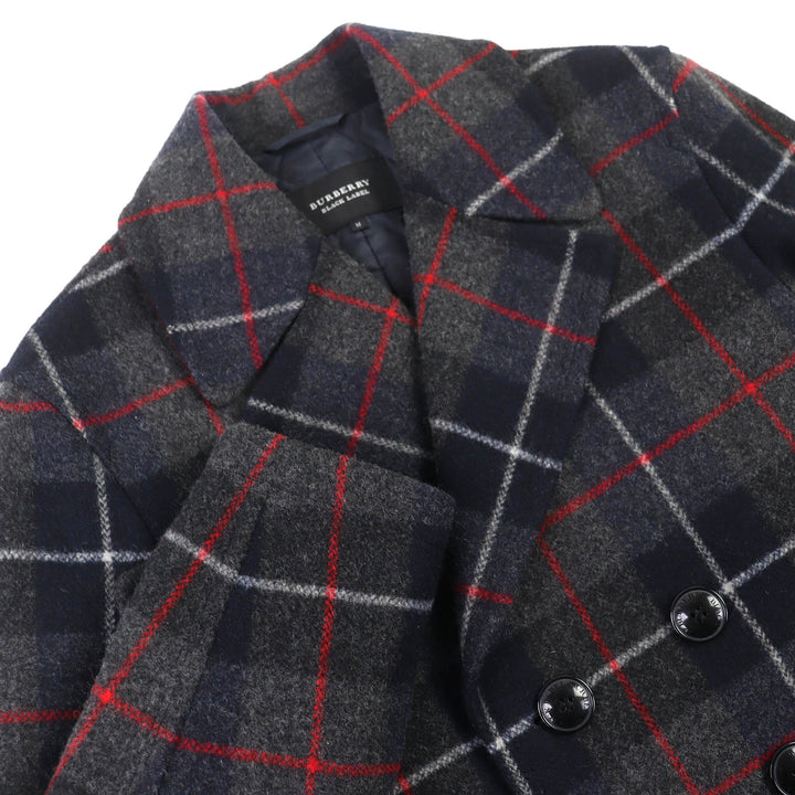 極美品△BURBERRY BLACK LABEL バーバリーブラックレーベル ウール チェック柄 ロゴボタン 中綿入り ショートコート ピーコート M 正規品