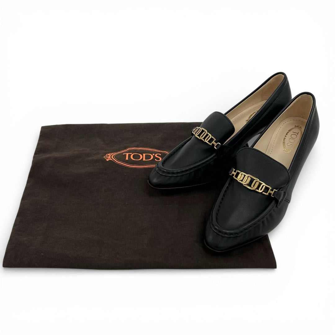 未使用品▲TOD’S トッズ チェーンモチーフ レザー パンプス ブラック ゴールド金具 34.5 保存袋付き イタリア製 レディース