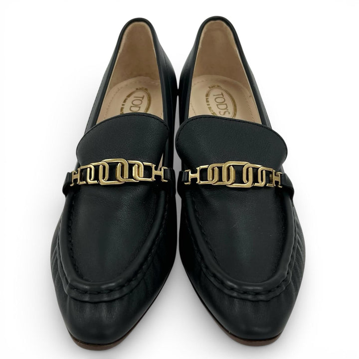 未使用品▲TOD’S トッズ チェーンモチーフ レザー パンプス ブラック ゴールド金具 34.5 保存袋付き イタリア製 レディース