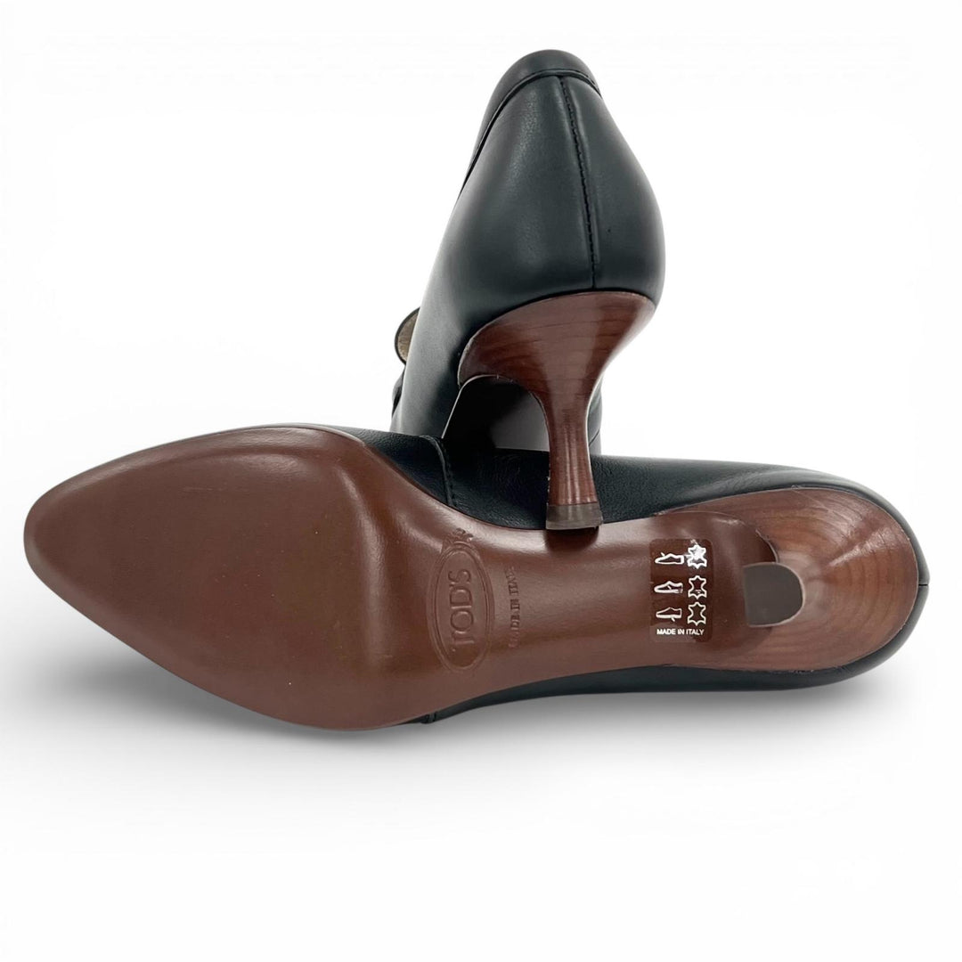 未使用品▲TOD’S トッズ チェーンモチーフ レザー パンプス ブラック ゴールド金具 34.5 保存袋付き イタリア製 レディース