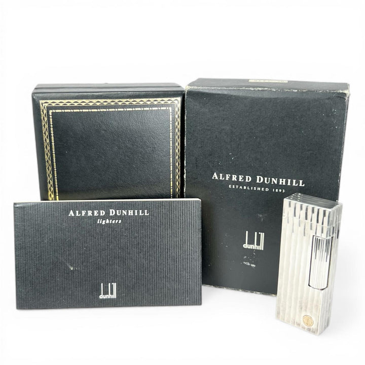 良品▲Dunhill ダンヒル スクエア ストライプ柄 ローラー式 喫煙具 ガス ライター シルバー 箱・ケース付き スイス製 メンズ 着火確認済み