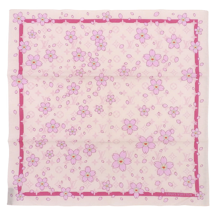 極美品▲LOUIS VUITTON MURAKAMI ルイヴィトン 村上隆 コットン100％ モノグラム チェリーブロッサム スカーフ ハンカチ イタリア製