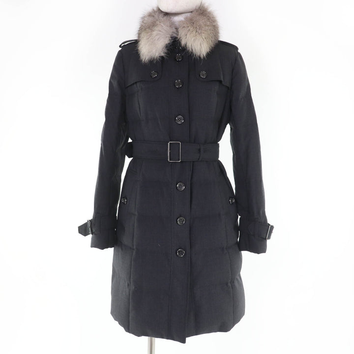 美品☆BURBERRY LONDON バーバリーロンドン ウール フォックスファー・ベルト付 ダウンコート ダークグレー 42 正規品 レディース