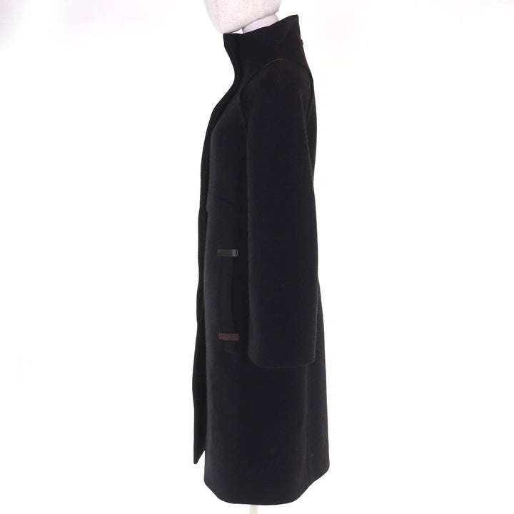極美品△Brioni ブリオーニ 135123 カシミヤ100％ 一部レザー使 スタンドカラー ロングコート ダークブラウン 42 伊製 正規品 レディース