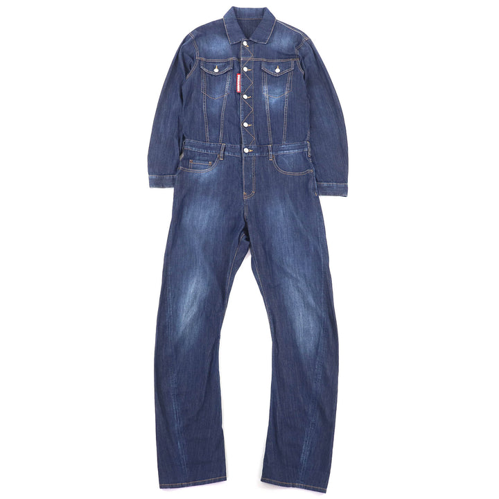 美品△DSQUARED2 ディースクエアード S75FP0068 ロゴパッチ デニム オールインワン ジャンプスーツ オーバーオール インディゴ 34 正規品