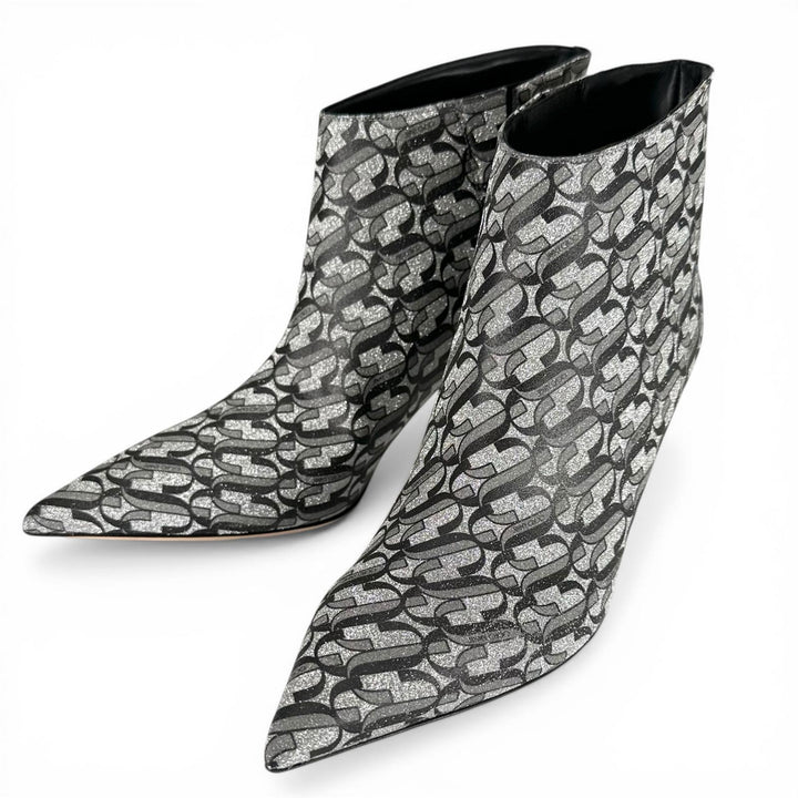 極美品▲JIMMY CHOO ジミーチュウ MARINDA 65 モノグラム アンクルブーツ シルバー グレー 37.5 イタリア製 レディース 箱・保存袋付き