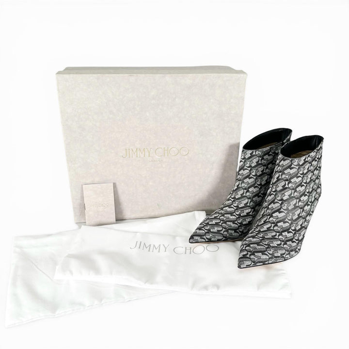極美品▲JIMMY CHOO ジミーチュウ MARINDA 65 モノグラム アンクルブーツ シルバー グレー 37.5 イタリア製 レディース 箱・保存袋付き
