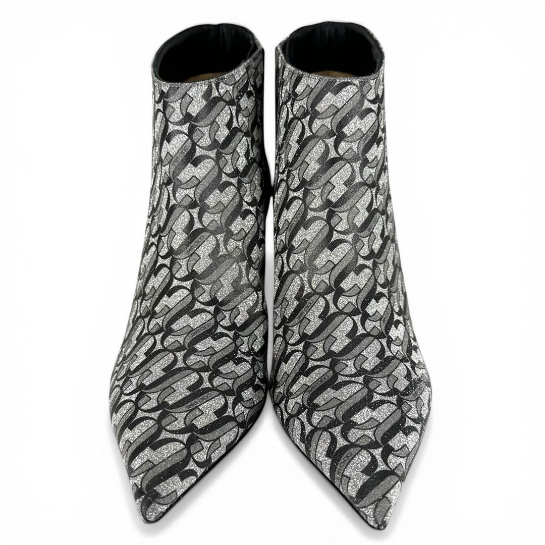 極美品▲JIMMY CHOO ジミーチュウ MARINDA 65 モノグラム アンクルブーツ シルバー グレー 37.5 イタリア製 レディース 箱・保存袋付き