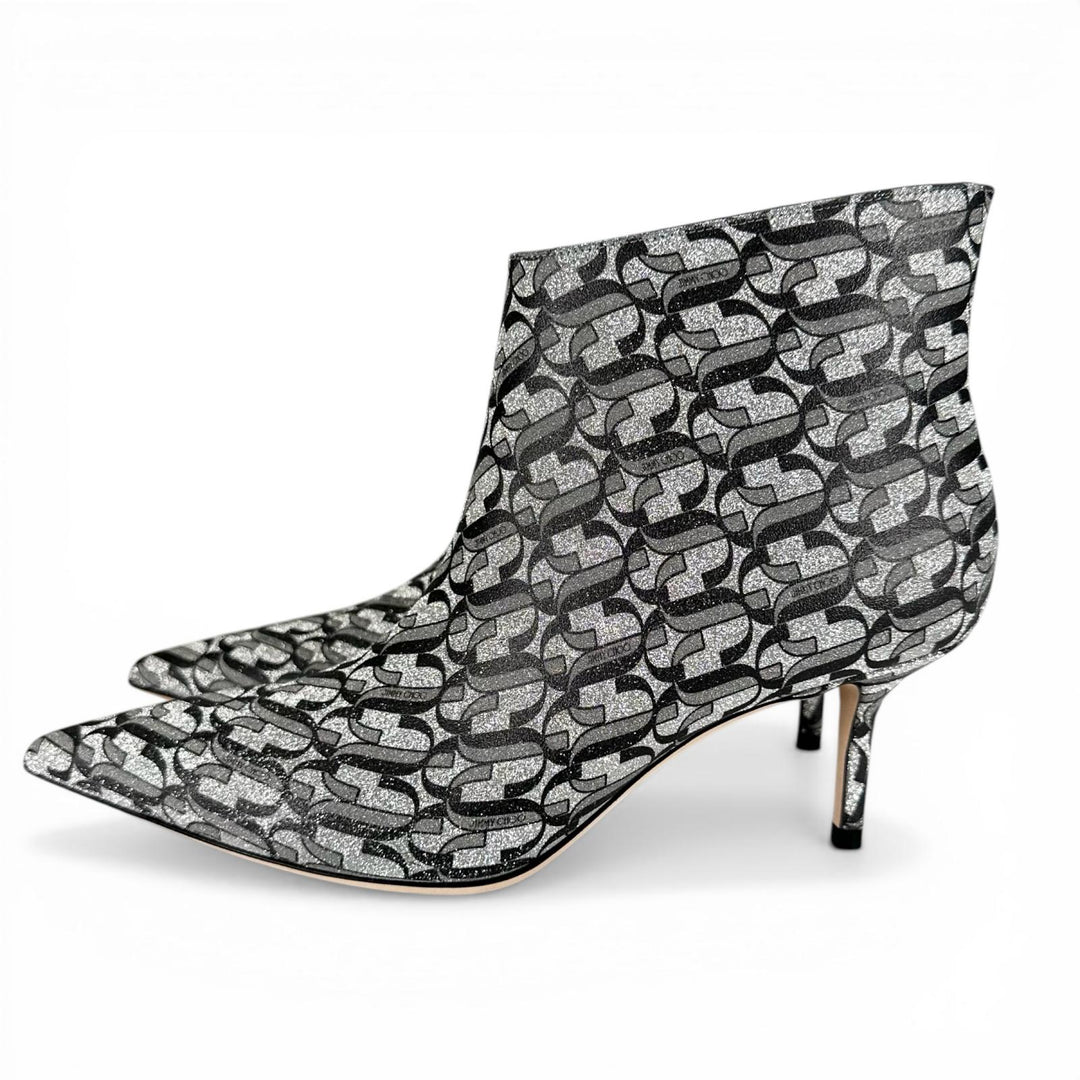 極美品▲JIMMY CHOO ジミーチュウ MARINDA 65 モノグラム アンクルブーツ シルバー グレー 37.5 イタリア製 レディース 箱・保存袋付き