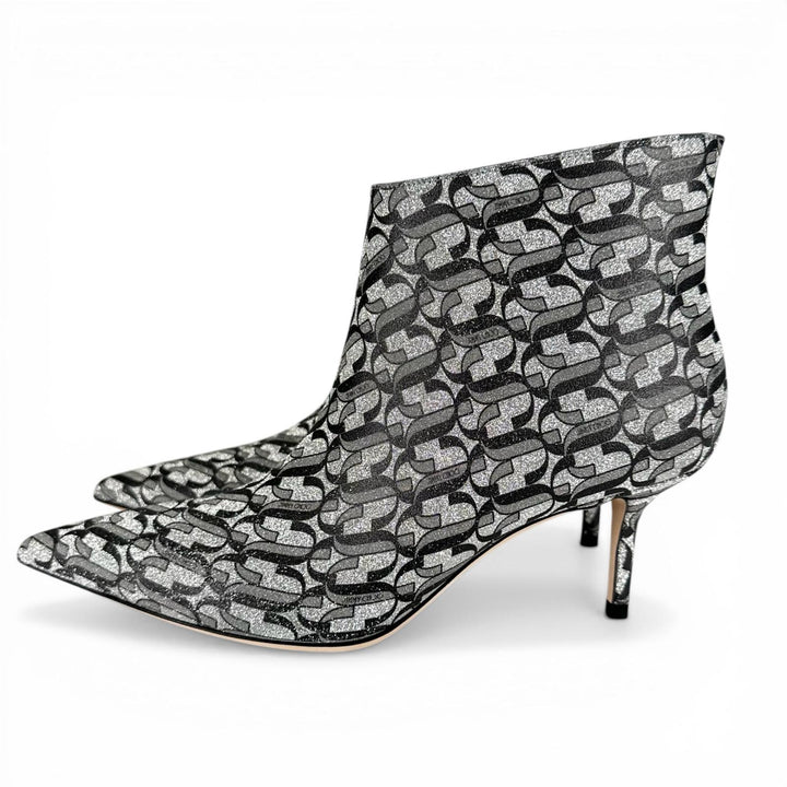 極美品▲JIMMY CHOO ジミーチュウ MARINDA 65 モノグラム アンクルブーツ シルバー グレー 37.5 イタリア製 レディース 箱・保存袋付き