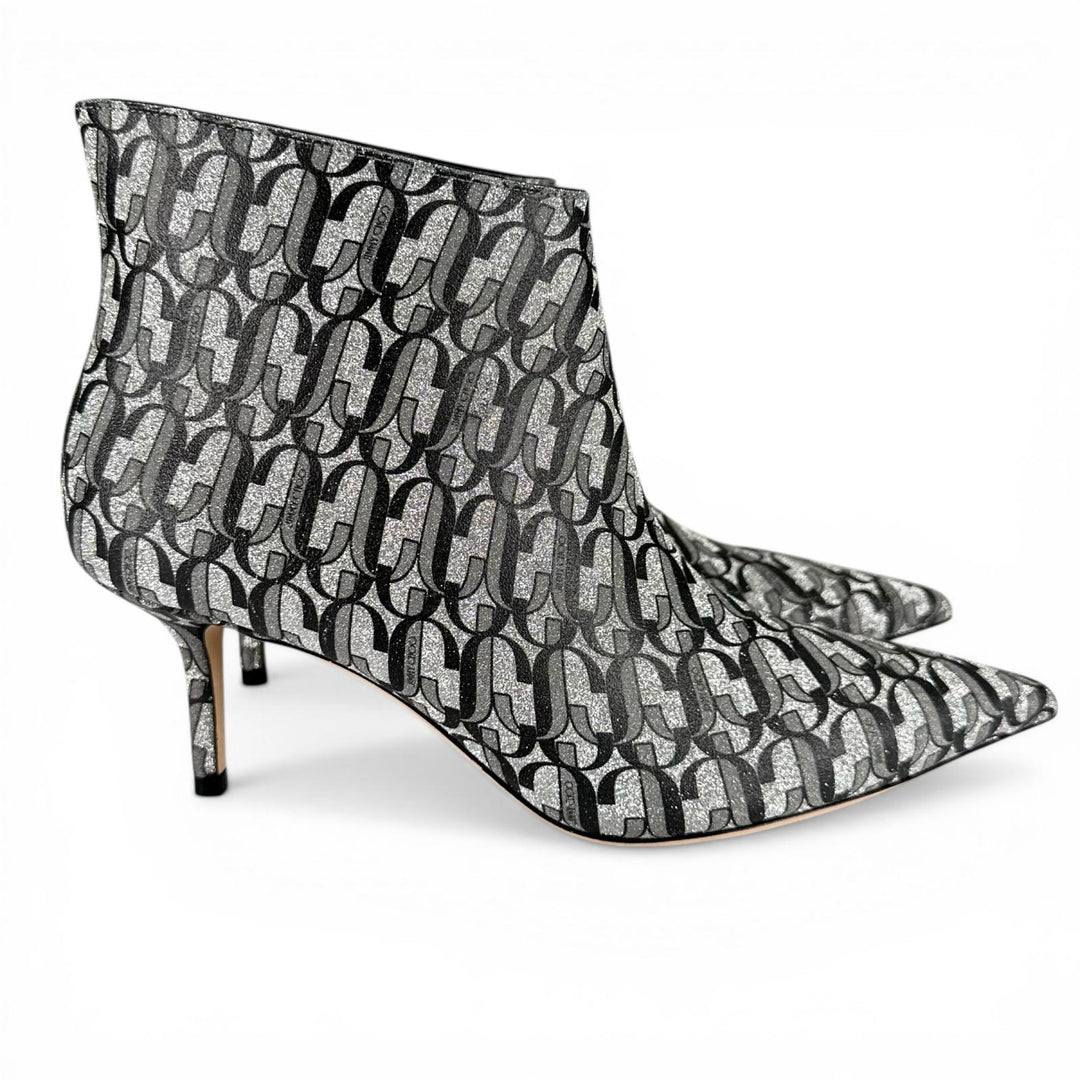 極美品▲JIMMY CHOO ジミーチュウ MARINDA 65 モノグラム アンクルブーツ シルバー グレー 37.5 イタリア製 レディース 箱・保存袋付き