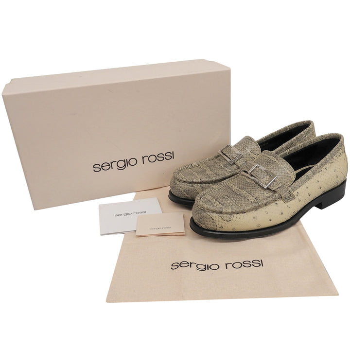 未使用品▲Sergio Rossi セルジオロッシ SR NORA ロゴ入りバックル パイソン型押し ローファー ベージュ 35.5 箱・保存袋付き イタリア製