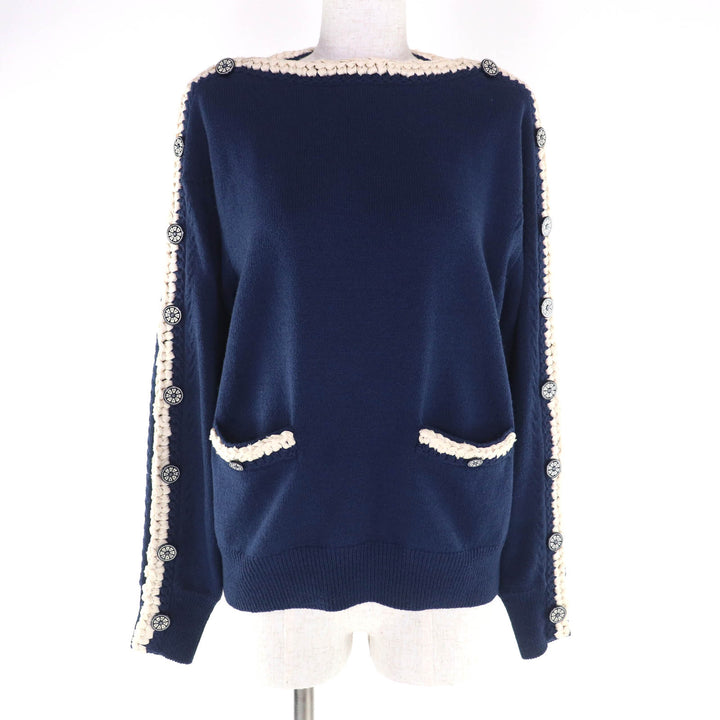 美品★CHANEL シャネル P53333 ウール100％ ココマークボタン付 長袖 ニット セーター ネイビー 36 イタリア製 正規品 レディース