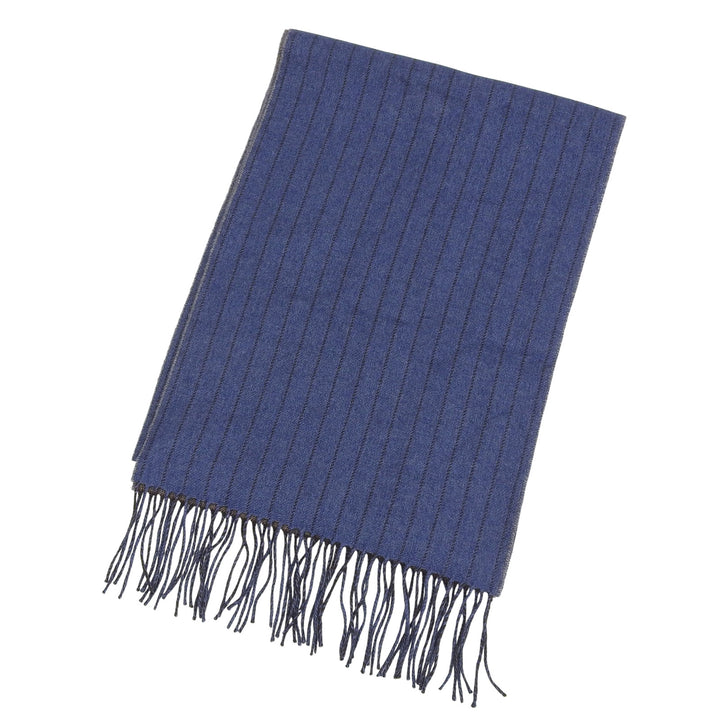 極美品▲Dunhill ダンヒル カシミヤ マルベリーシルク ストライプ 裏シェブロン フリンジ付 マフラー ブルー ブラウン イタリア製 メンズ