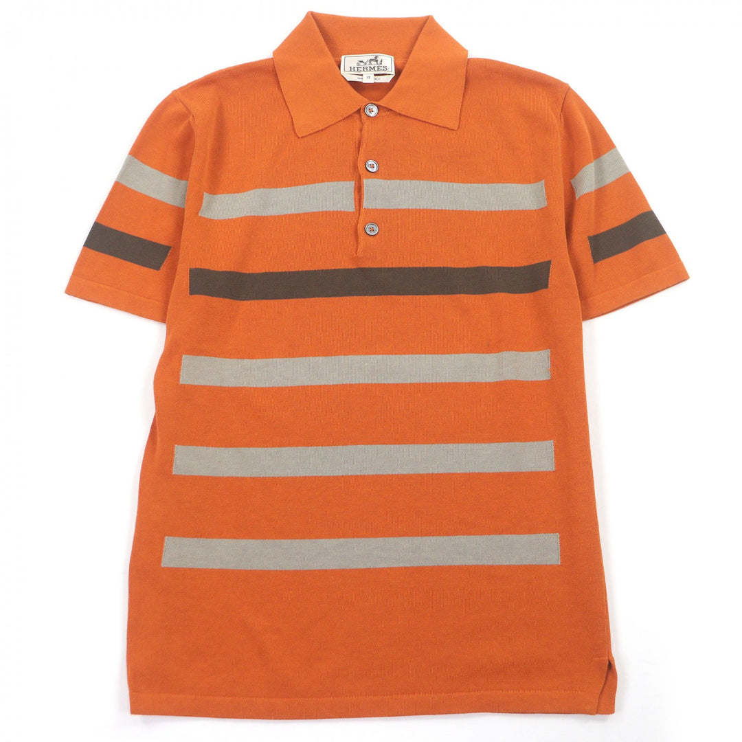 極美品□HERMES エルメス コットン100％ ボーダー柄 ショートスリーブ 半袖 ニットポロシャツ オレンジ XS イタリア製 メンズオススメ◎