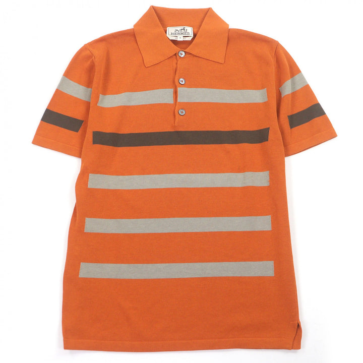 極美品□HERMES エルメス コットン100％ ボーダー柄 ショートスリーブ 半袖 ニットポロシャツ オレンジ XS イタリア製 メンズオススメ◎