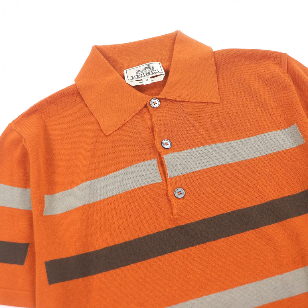 極美品□HERMES エルメス コットン100％ ボーダー柄 ショートスリーブ 半袖 ニットポロシャツ オレンジ XS イタリア製 メンズオススメ◎