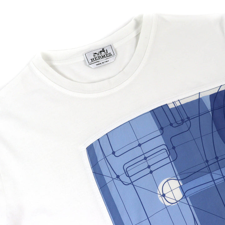 極美品△HERMES エルメス 20SS コットン100% クルーネック シルクプリント ドッキング 半袖Ｔシャツ ホワイト ブルー L 伊製 レディース