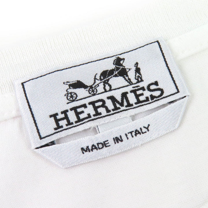 極美品△HERMES エルメス 20SS コットン100% クルーネック シルクプリント ドッキング 半袖Ｔシャツ ホワイト ブルー L 伊製 レディース