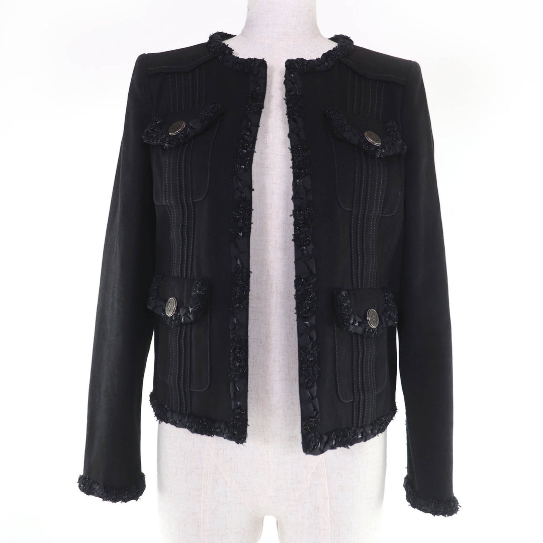 極美品☆CHANEL シャネル P55644V42006 コットン ロゴボタン デニムジャケット ノーカラージャケット ブラック 36 フランス製 レディース