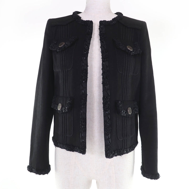 極美品☆CHANEL シャネル P55644V42006 コットン ロゴボタン デニムジャケット ノーカラージャケット ブラック 36 フランス製 レディース