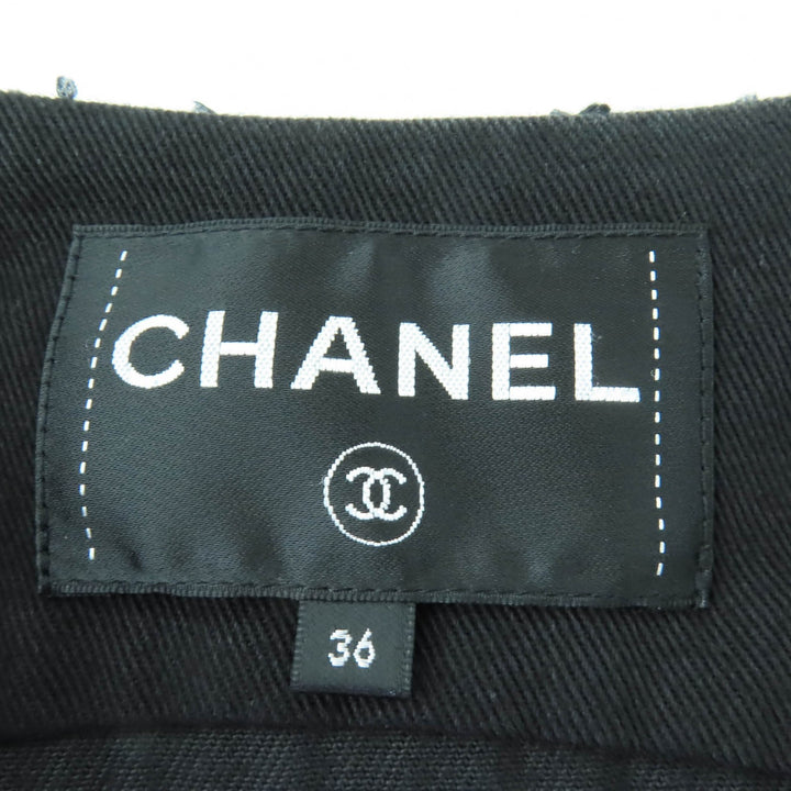 極美品☆CHANEL シャネル P55644V42006 コットン ロゴボタン デニムジャケット ノーカラージャケット ブラック 36 フランス製 レディース