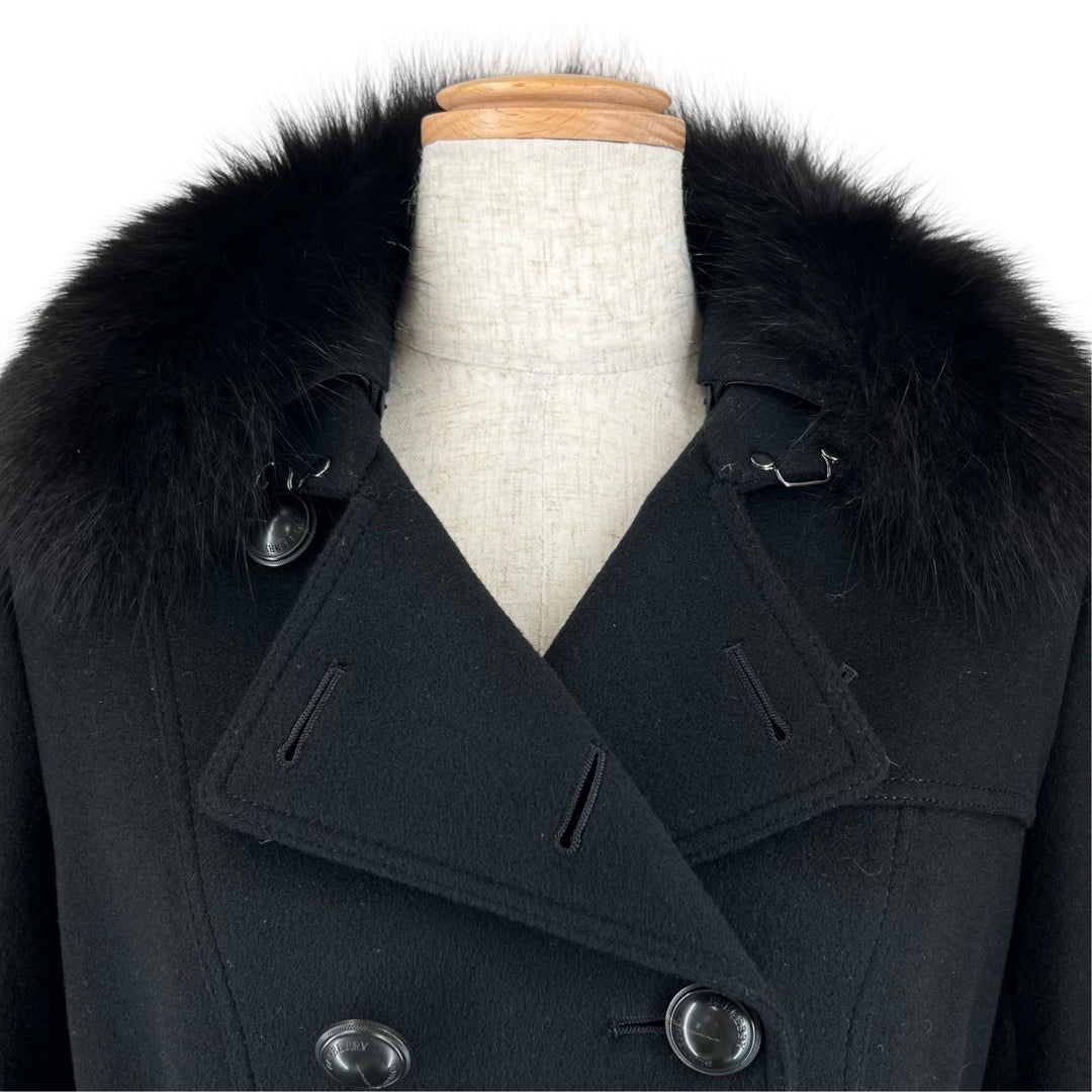 極美品▲BURBERRY LONDON バーバリーロンドン カシミヤ混 襟FOXファー ロゴボタン ウールコート ブラック 40 日本製 正規品 レディース