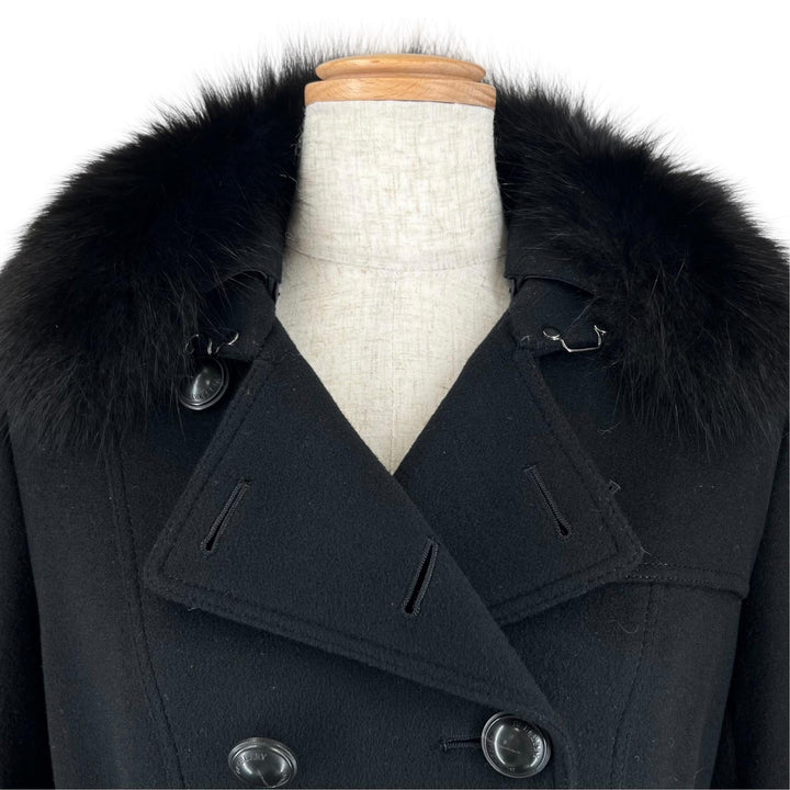 極美品▲BURBERRY LONDON バーバリーロンドン カシミヤ混 襟FOXファー ロゴボタン ウールコート ブラック 40 日本製 正規品 レディース