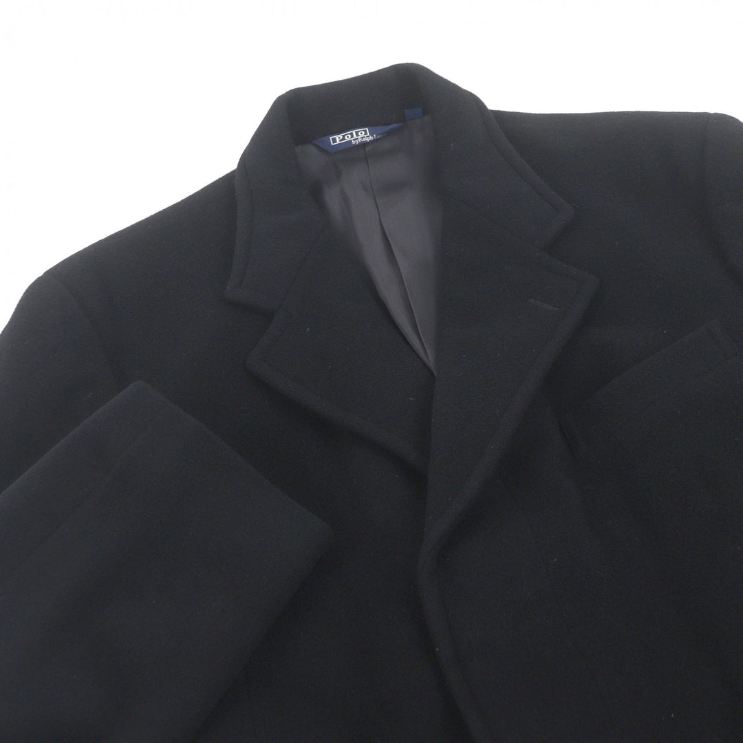 良品□POLO RALPH LAUREN ポロラルフローレン 毛100％ フライフロント チェスターコート ロングコート ブラック L 日本製 正規品 メンズ