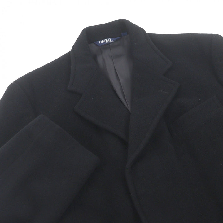 良品□POLO RALPH LAUREN ポロラルフローレン 毛100％ フライフロント チェスターコート ロングコート ブラック L 日本製 正規品 メンズ