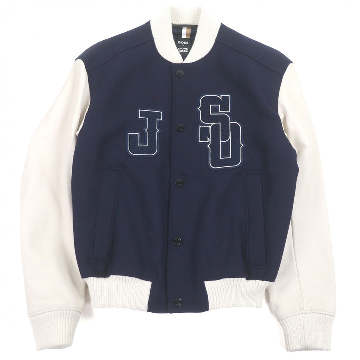 美品□BOSS SHOHEI OHTANI ボス ショウヘイ オオタニ 大谷翔平 袖レザー ボンバージャケット スタジャン ネイビー ホワイト 44 正規品