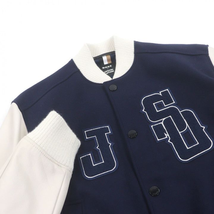 美品□BOSS SHOHEI OHTANI ボス ショウヘイ オオタニ 大谷翔平 袖レザー ボンバージャケット スタジャン ネイビー ホワイト 44 正規品
