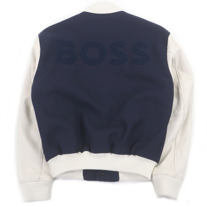 美品□BOSS SHOHEI OHTANI ボス ショウヘイ オオタニ 大谷翔平 袖レザー ボンバージャケット スタジャン ネイビー ホワイト 44 正規品