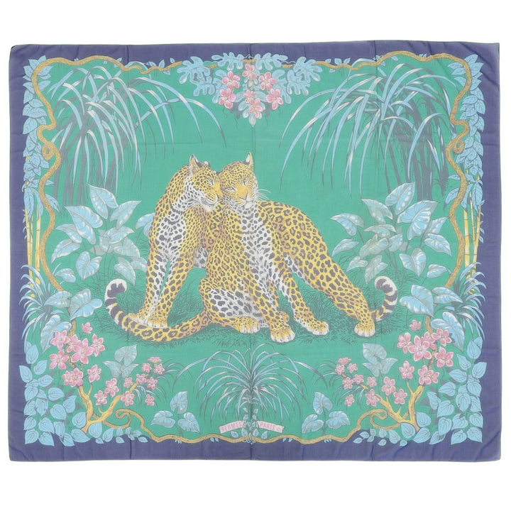 美品▲HERMES エルメス ヴィンテージ パレオ JUNGLE LOVE ジャングルラブ コットン100％ ストール マルチ 160×140 フランス製 レディース