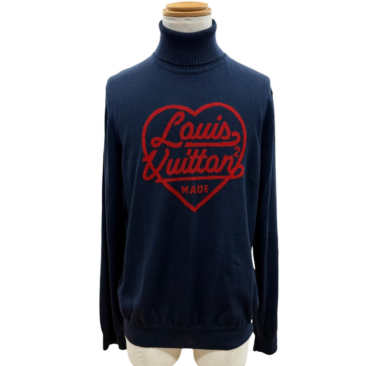 極美品▲LOUIS VUITTON NIGO ルイヴィトン ニゴー ウール100％ ハートロゴ タートルネック ニット セーター ネイビー XL 正規品 メンズ