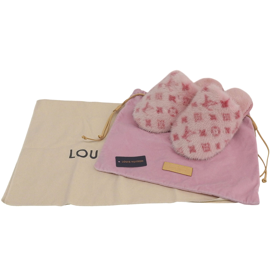 極美品▲LOUIS VUITTON ルイヴィトン LVスイート ライン ミュール ミンク MINK モノグラム ルームシューズ ピンク 34-35 保存袋付き 伊製