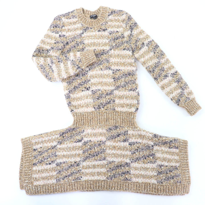 美品☆CHANEL シャネル P60141K07859 ウール アルパカ混 ココマーク ツイード 長袖 ニット ワンピース ゴールド系 34 イタリア製 正規品