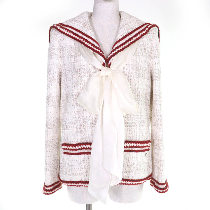 極美品△CHANEL シャネル P59019 ココマーク シフォンリボン付き セーラーカラー ZIP UP ツイード ジャケット アイボリー レッド 38 仏製