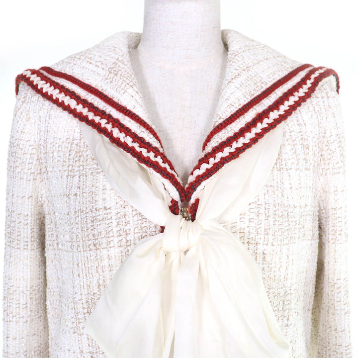 極美品△CHANEL シャネル P59019 ココマーク シフォンリボン付き セーラーカラー ZIP UP ツイード ジャケット アイボリー レッド 38 仏製