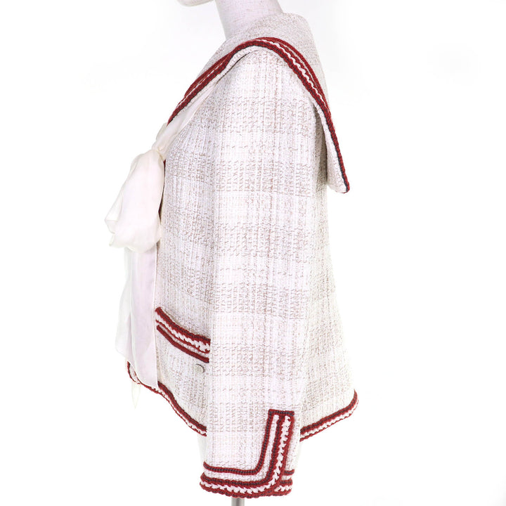 極美品△CHANEL シャネル P59019 ココマーク シフォンリボン付き セーラーカラー ZIP UP ツイード ジャケット アイボリー レッド 38 仏製