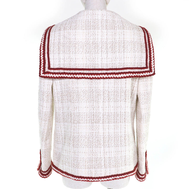 極美品△CHANEL シャネル P59019 ココマーク シフォンリボン付き セーラーカラー ZIP UP ツイード ジャケット アイボリー レッド 38 仏製