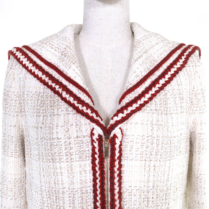 極美品△CHANEL シャネル P59019 ココマーク シフォンリボン付き セーラーカラー ZIP UP ツイード ジャケット アイボリー レッド 38 仏製