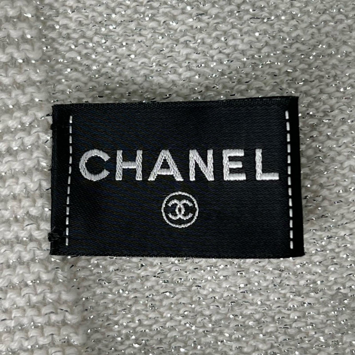 極美品▲CHANEL シャネル カシミヤ スパンコール装飾 ロゴデザイン ラメ ストール マフラー ホワイト イタリア製 レディース