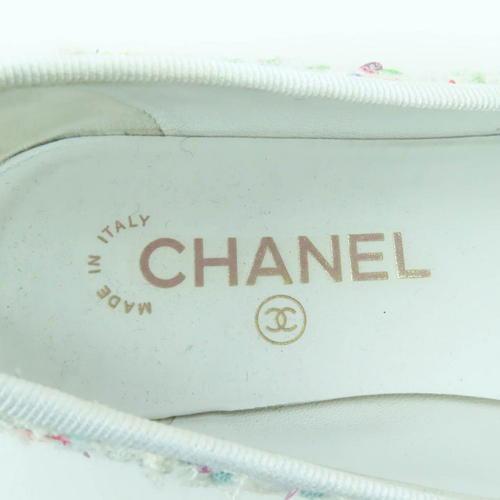 美品◇CHANEL シャネル G02819 ココマーク スパンコール付 リボンデザイン ツイード フラットパンプス マルチ 36 イタリア製 レディース