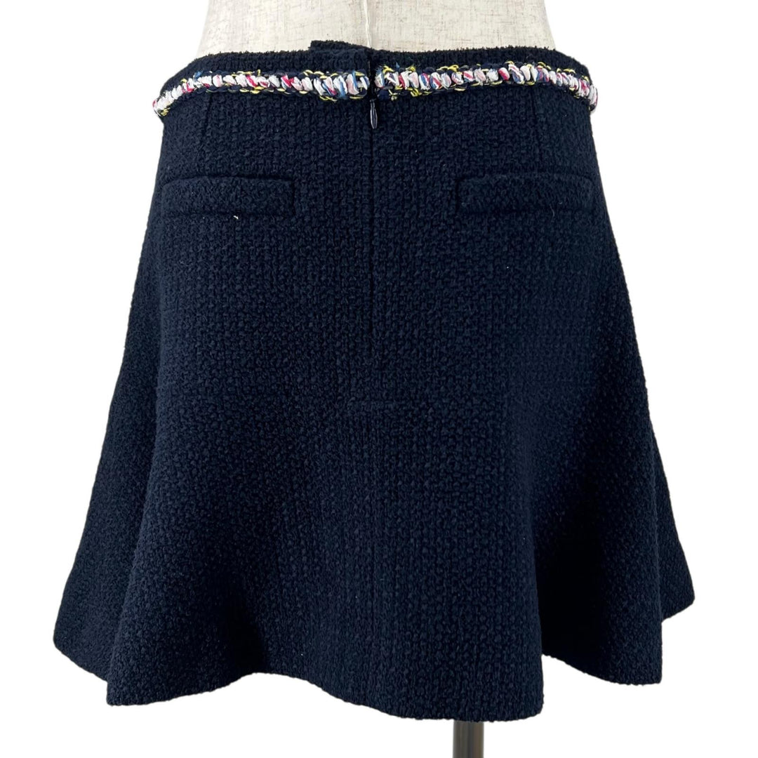 極美品▲CHANEL シャネル P70083 裏地シルク100％ ココマーク 膝丈 フレア ツイードスカート ダークネイビー 38 フランス製 レディース